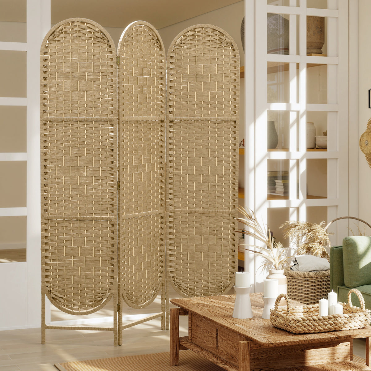 Paravent interieur ovale 3 panneaux 120 x 170 cm séparateur de pièce pliable, léger et tissé, bois naturel-1