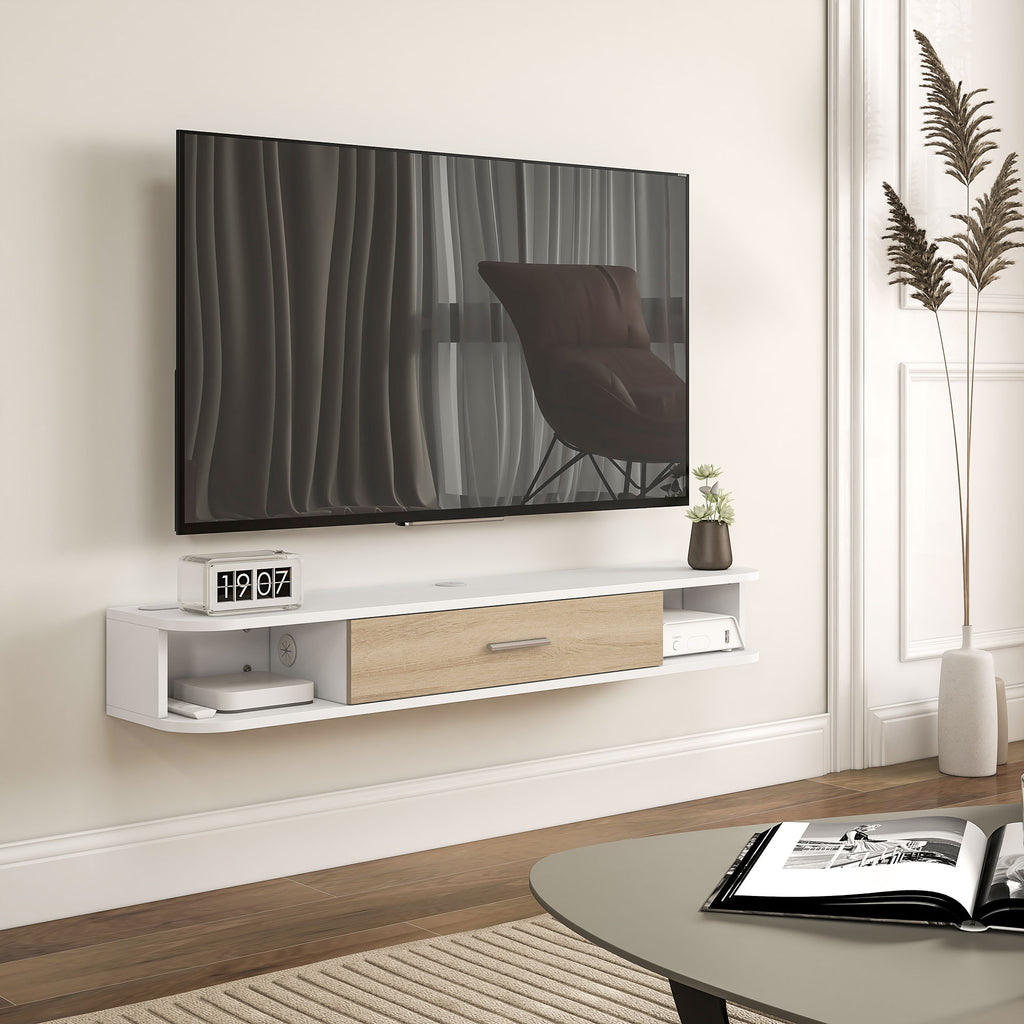 Meuble TV mural banc TV jusqu'à 50 pouces avec compartiments ouverts et armoire à porte rabattable blanc-1