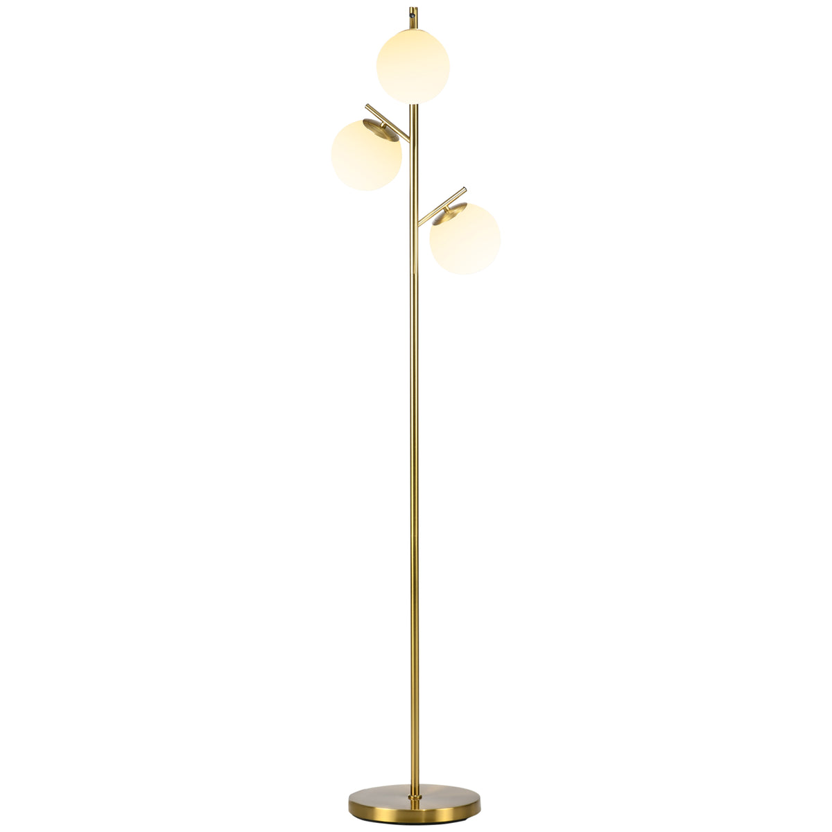 Lampadaire sur pied salon en métal avec 3 abat-jours globe blanc verre dépoli 40W Ø 27 x 169H cm doré-0