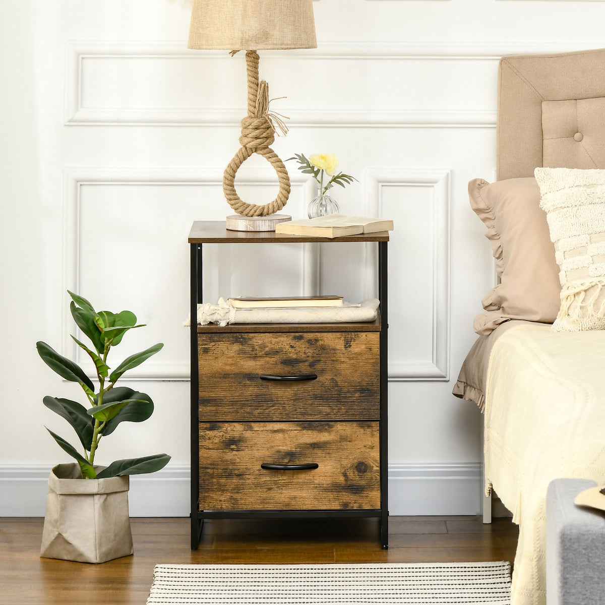Table de Chevet avec 2 Tiroirs Tissus Table d'appoint petit Meuble de Rangement Style Industriel Commode 2 tiroirs - 45 x 40 x 70,5 cm - Bois et métal-9