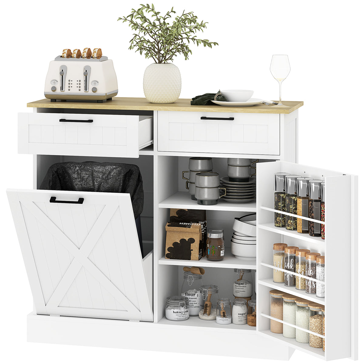 Buffet cuisine avec meuble poubelle 38L, meuble cuisine rangement, 2 tiroirs, étagère à épices et plan de travail, blanc-0