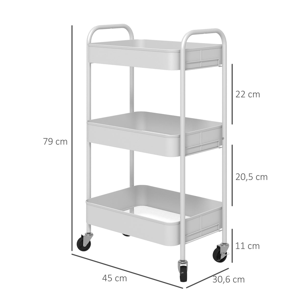 Desserte chariot de rangement en acier chariot de service à roulettes 3 plateaux ajourés 45 x 30,6 x 79 cm blanc-2