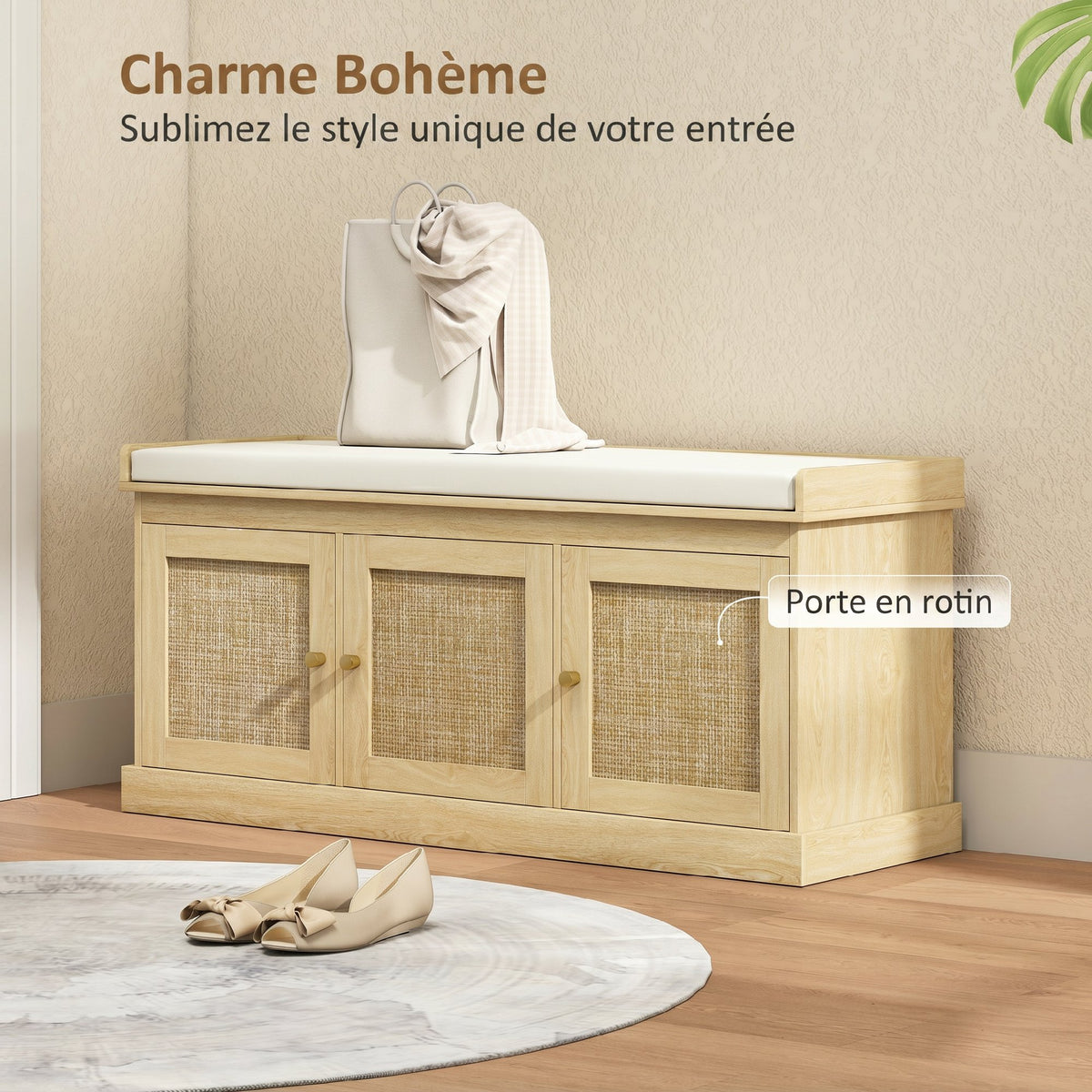 Banc chaussures entrée 9 paires, banc de rangement, 3 portes en rotin, coussin et étagère réglable, 105x35x47cm, chêne-3