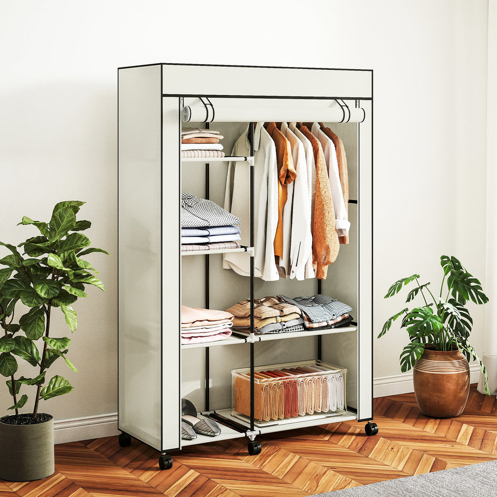 Armoire penderie en tissu meuble de rangement 6 roulettes tringle à vêtements et étagères ouvertes 103x43x162,5cm crème-8