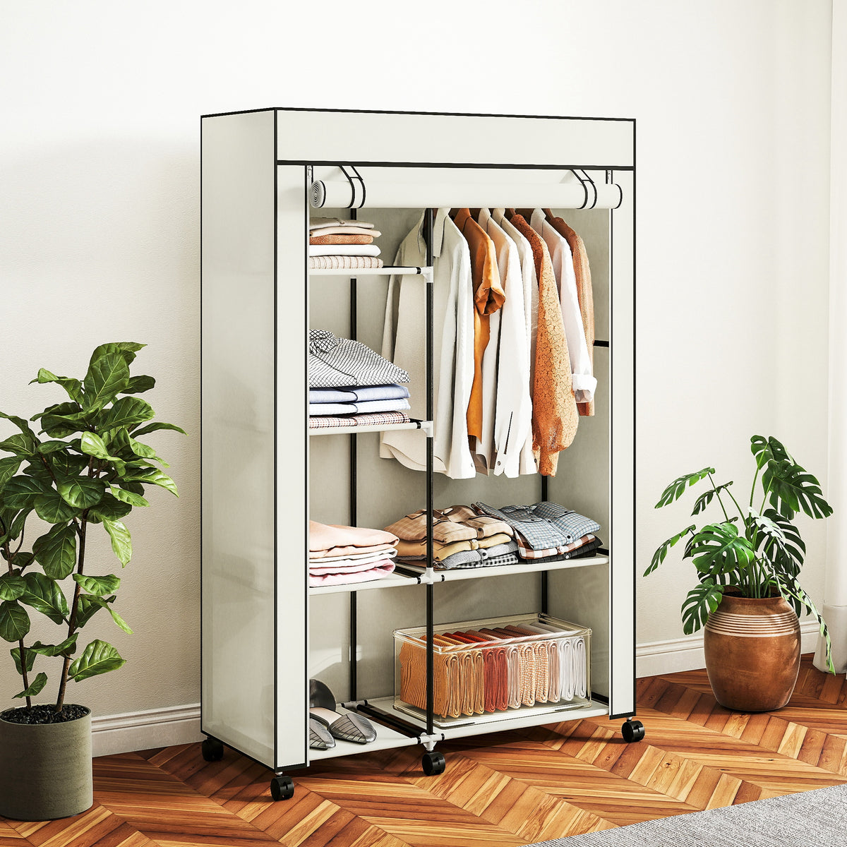 Armoire penderie en tissu meuble de rangement 6 roulettes tringle à vêtements et étagères ouvertes 103x43x162,5cm crème-8