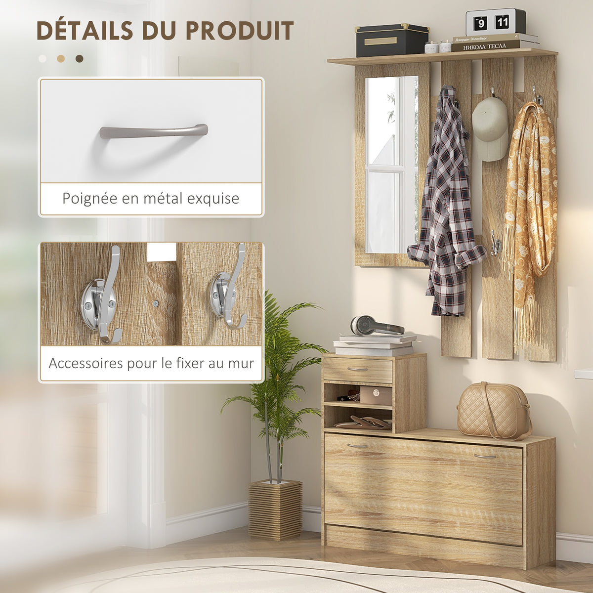 Meuble d'entrée vestiaire panneau porte-manteau, miroir et banc à chaussures - 6 crochets 90x10x91cm effet bois naturel-4