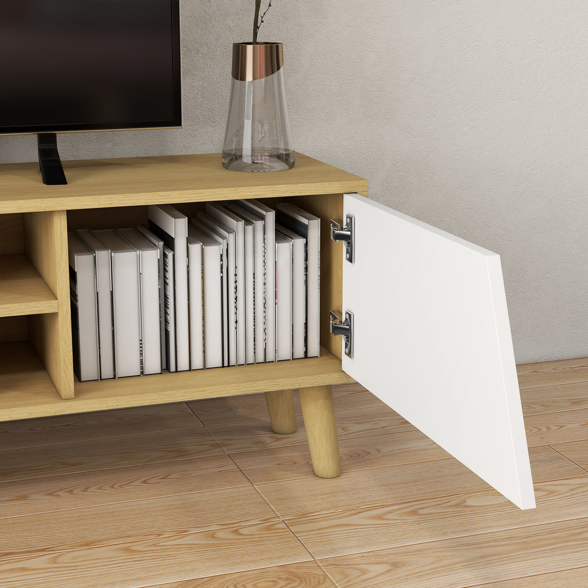 Meuble TV pour télévision jusqu'à 65 pouces design scandinave 2 portes 2 niches avec passe-câbles 150 x 30 x 42 cm-7