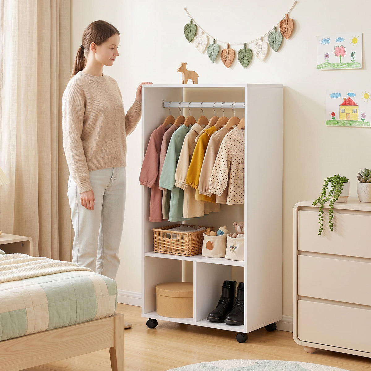 Armoire penderie étagère 2 niches 4 roulettes pivotantes dim. 60L x 40l x 128H cm Blanc-9