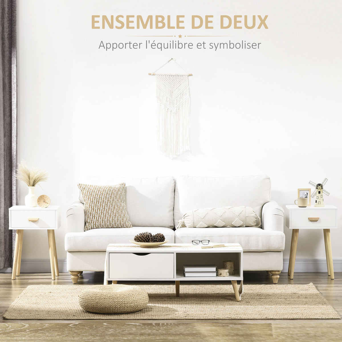 Lot de 2 tables de chevet, table de nuit moderne avec tiroir et pieds en bois massif, 40,5 x 30,5 x 60 cm, blanc-3