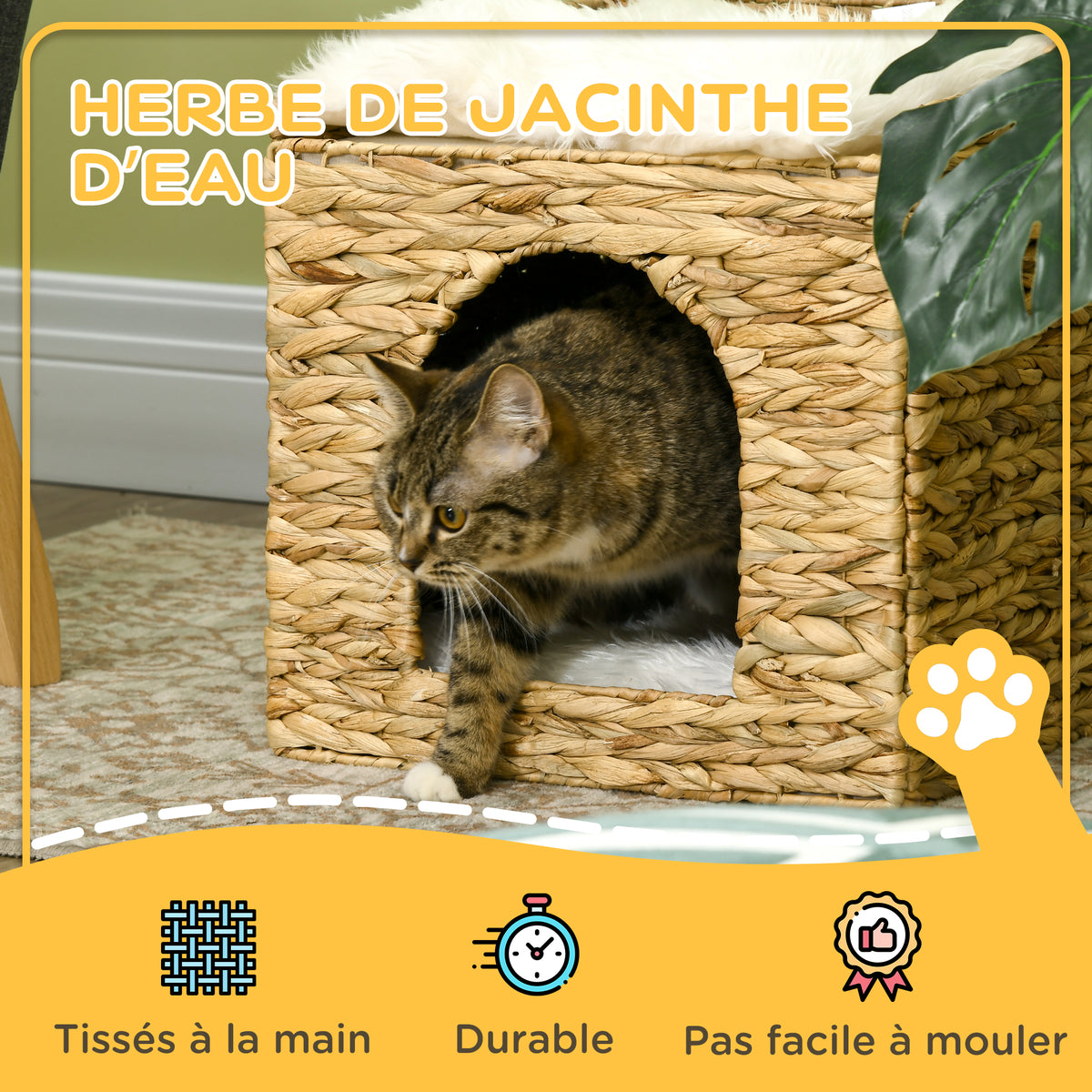 Niche pour chat 2 niveaux avec 2 coussins en jacinthe d'eau - 37,5 x 37,5 x 41,5 cm marron crème-3