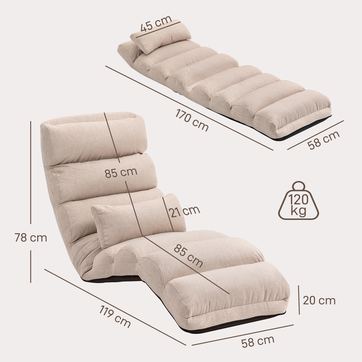 Chauffeuse 1 place fauteuil convertible avec dossier et appui-tête réglables sur 5 positions, 58x119x78cm, beige-2