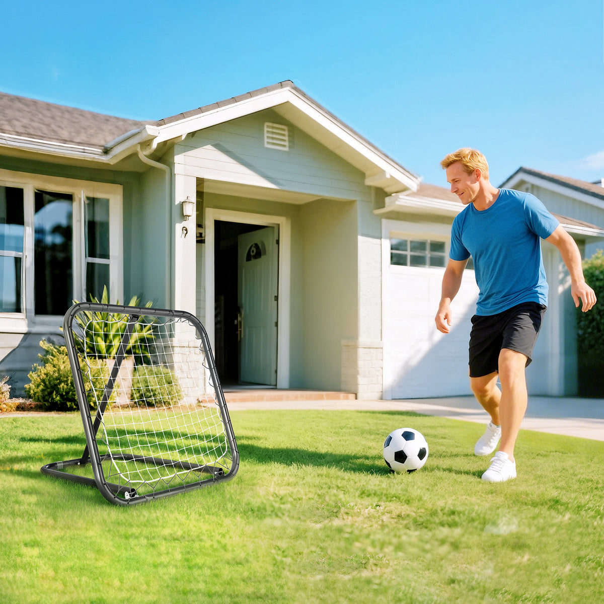 Filet de rebond de football rebondisseur de football ajustable pliable portable 4 piquets de fixations au sol filet de PE noir blanc 78 x 84 x 78 cm-1
