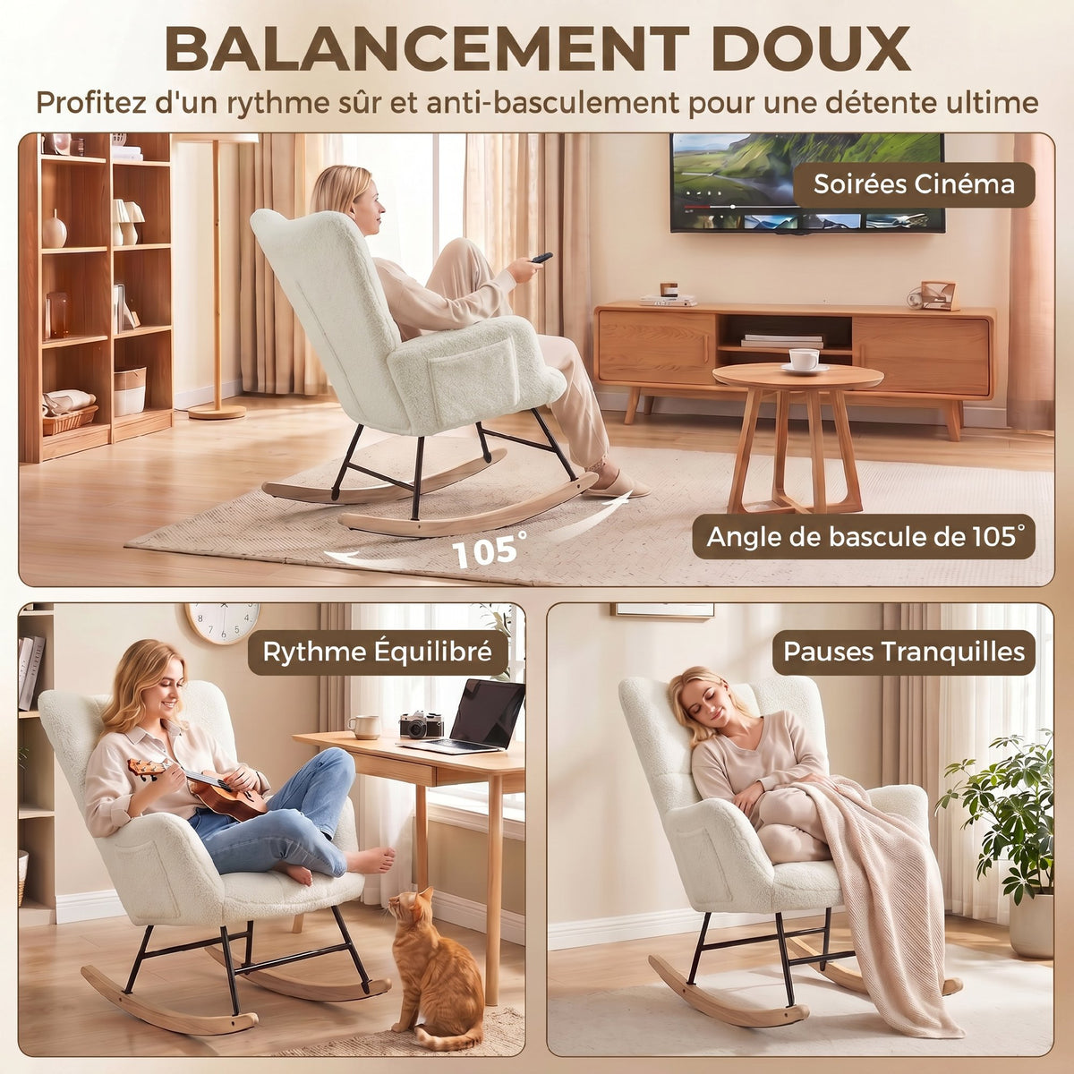 Fauteuil à Bascule, Rocking Chair en Peluche Teddy, Poches Latérales, Dossier à Oreilles Capitonné, Crème-3