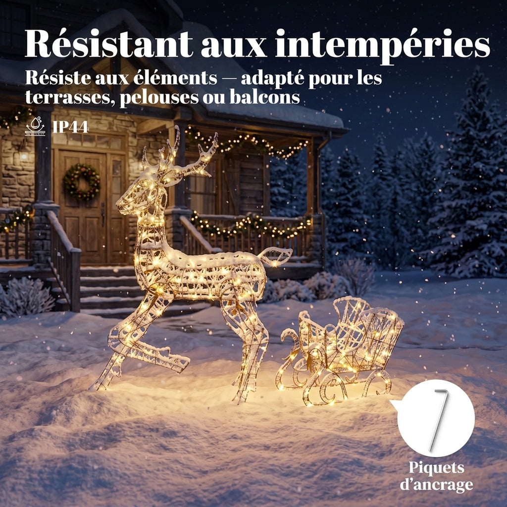 Renne de Noël avec Traîneau Lumineux 2 Pièces en Rotin PP, 175 LED Blanc Chaud, 8 Modes, Minuterie, 82x32x120cm, Marron-6