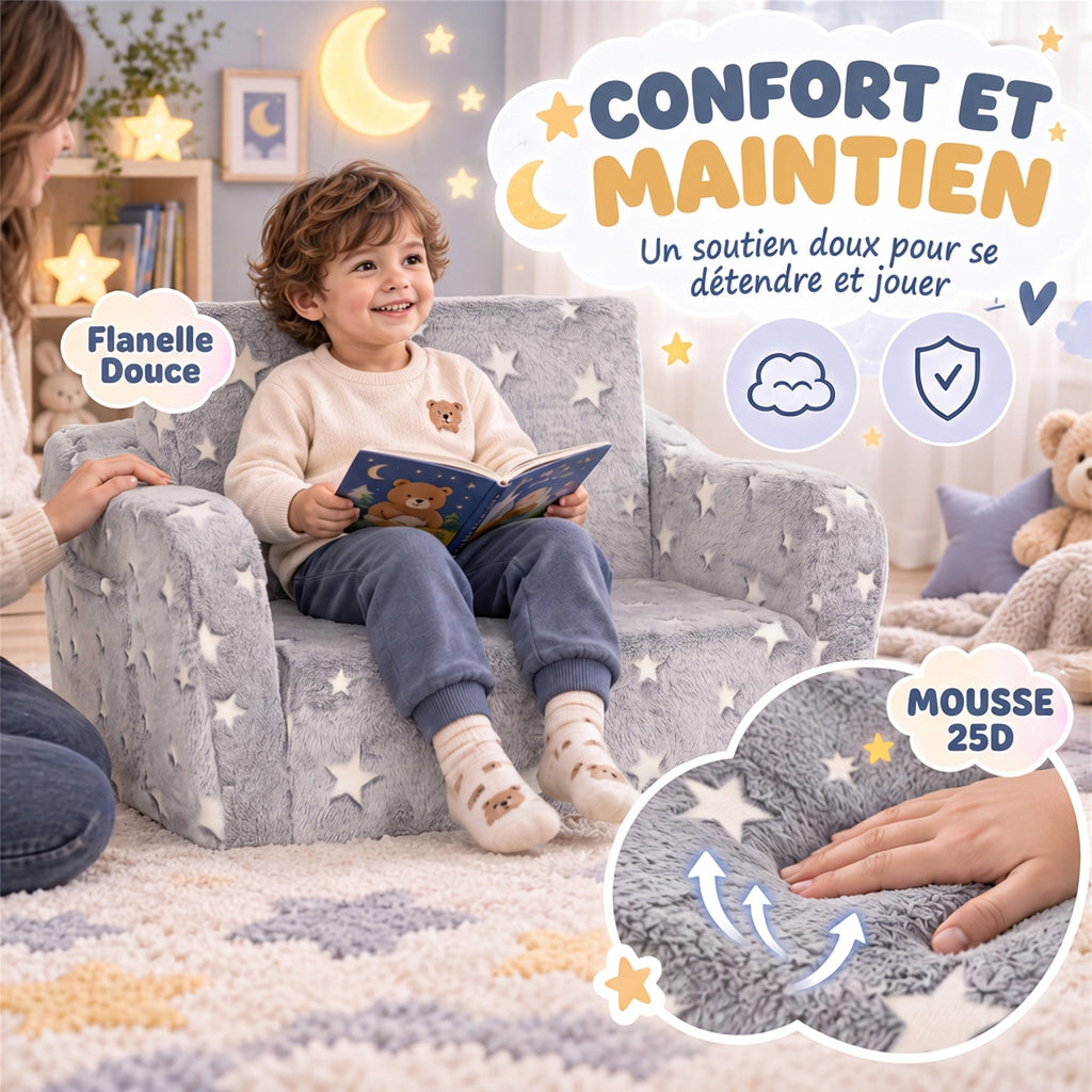 Canapé enfant 2 en 1, fauteuil pour enfant avec étoiles phosphorescentes, dépliable en méridienne, gris-5