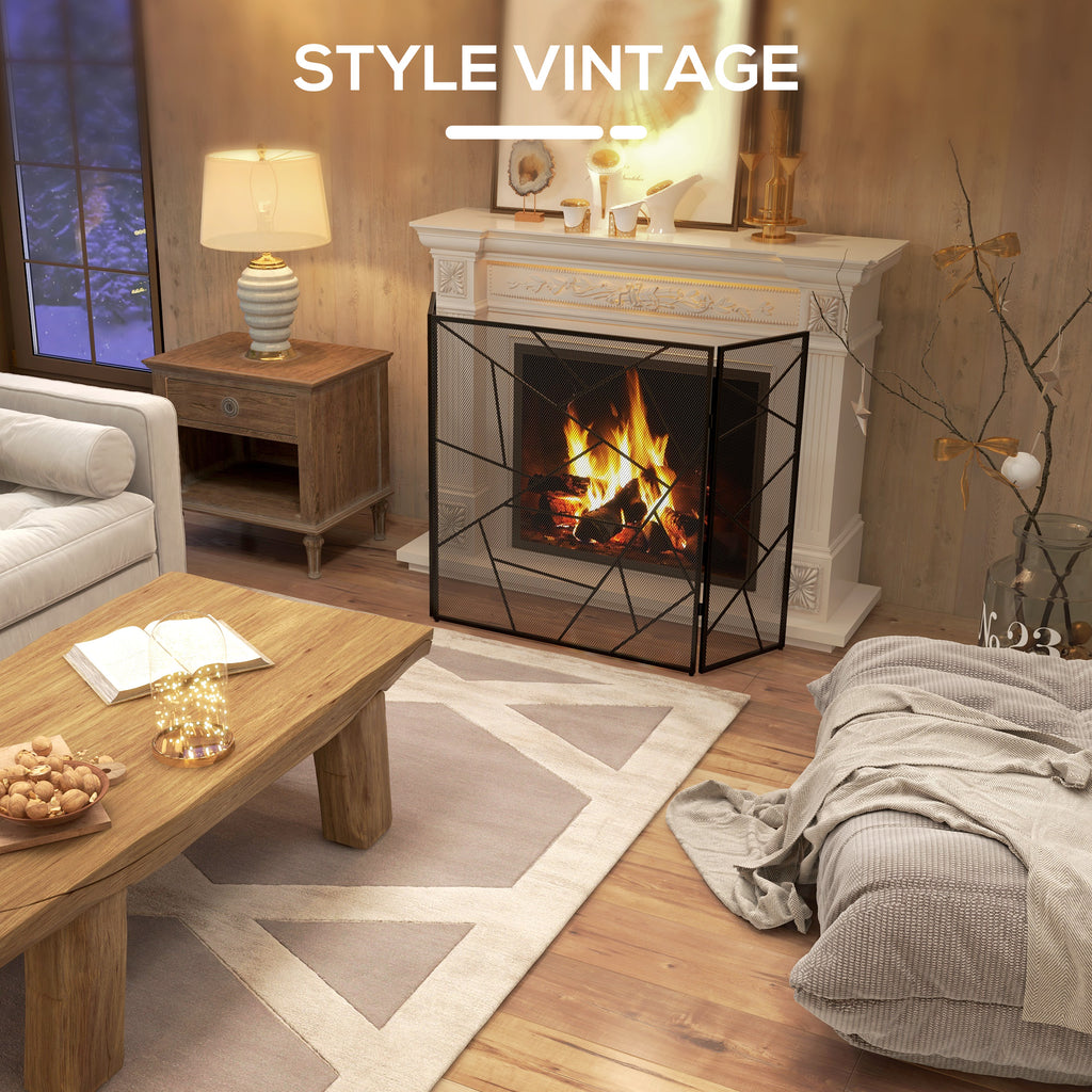 Pare feu cheminée pliable 3 panneaux en acier avec décor géométrique et pieds antidérapants, 135l x 1,2P x 85H cm, noir-5