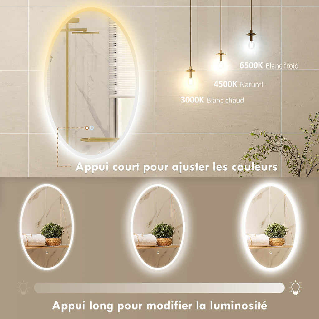 Miroir salle de bain avec éclairage 80 x 50 cm, miroir LED ovale, anti-buée, 3 couleurs lumière, dimmable, transparent-4