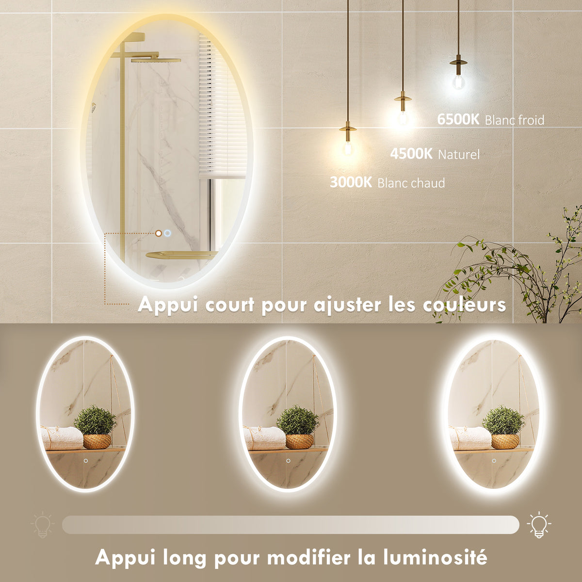 Miroir salle de bain avec éclairage 80 x 50 cm, miroir LED ovale, anti-buée, 3 couleurs lumière, dimmable, transparent-4