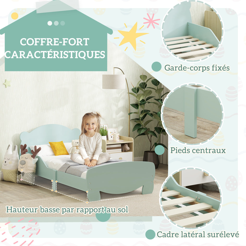 Lit enfant 70x140 cm avec barrières de sécurité thème d'ours pour garçons, filles, âgés de 3 à 6 ans, vert-3