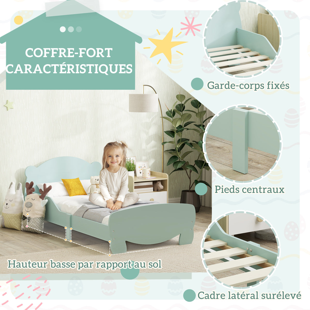 Lit enfant 70x140 cm avec barrières de sécurité thème d'ours pour garçons, filles, âgés de 3 à 6 ans, vert-3