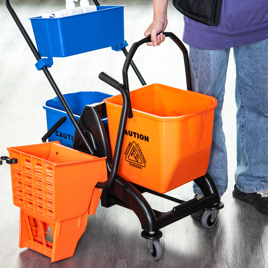 Chariot de ménage chariot de lavage professionnel essoreuse latérale seau 26 L + panier de rangements 78 x 45 x 95 cm métal et plastique orange-9