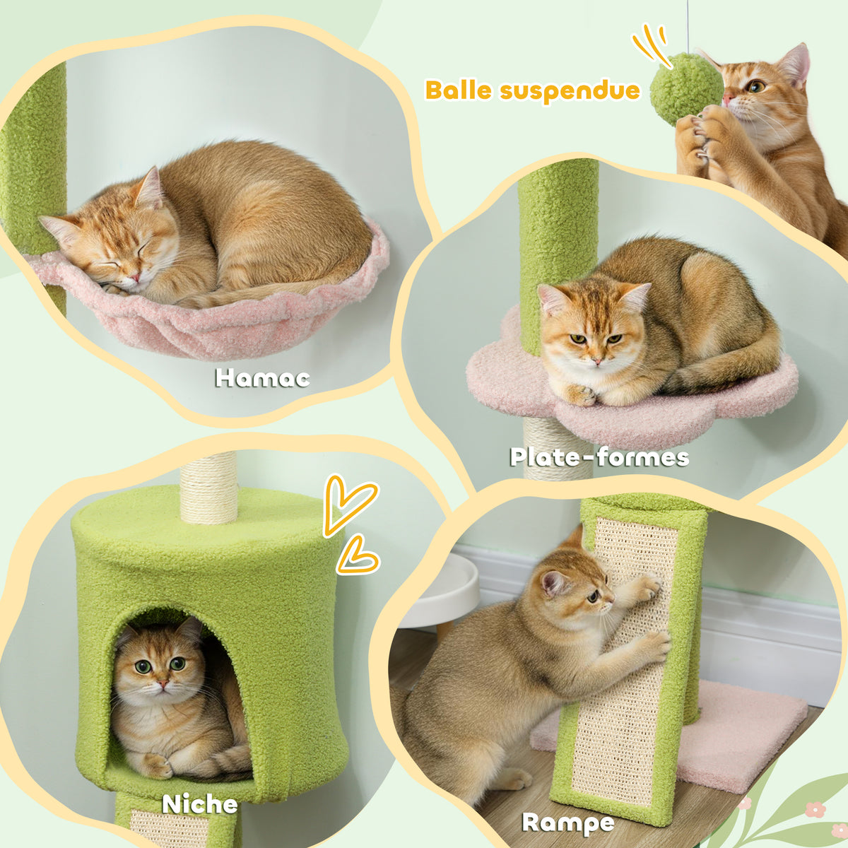 Arbre à chat du sol au plafond 5 niveaux hauteur réglable 220-240 cm plateformes fleur avec griffoir niche hamac vert-4