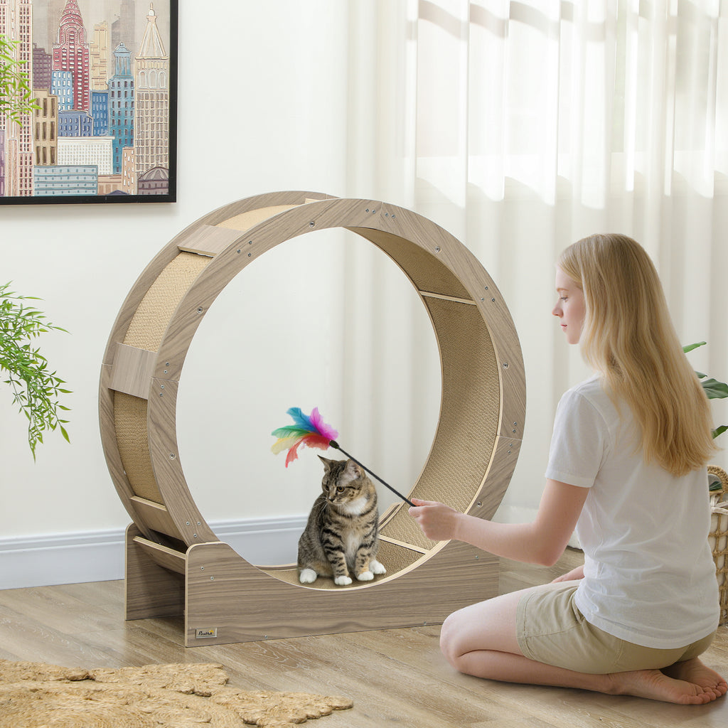 Roue d'exercice pour chat roue de course pour chat frein sécurisé et tapis de grattage amovible silencieux 91 cm marron-9