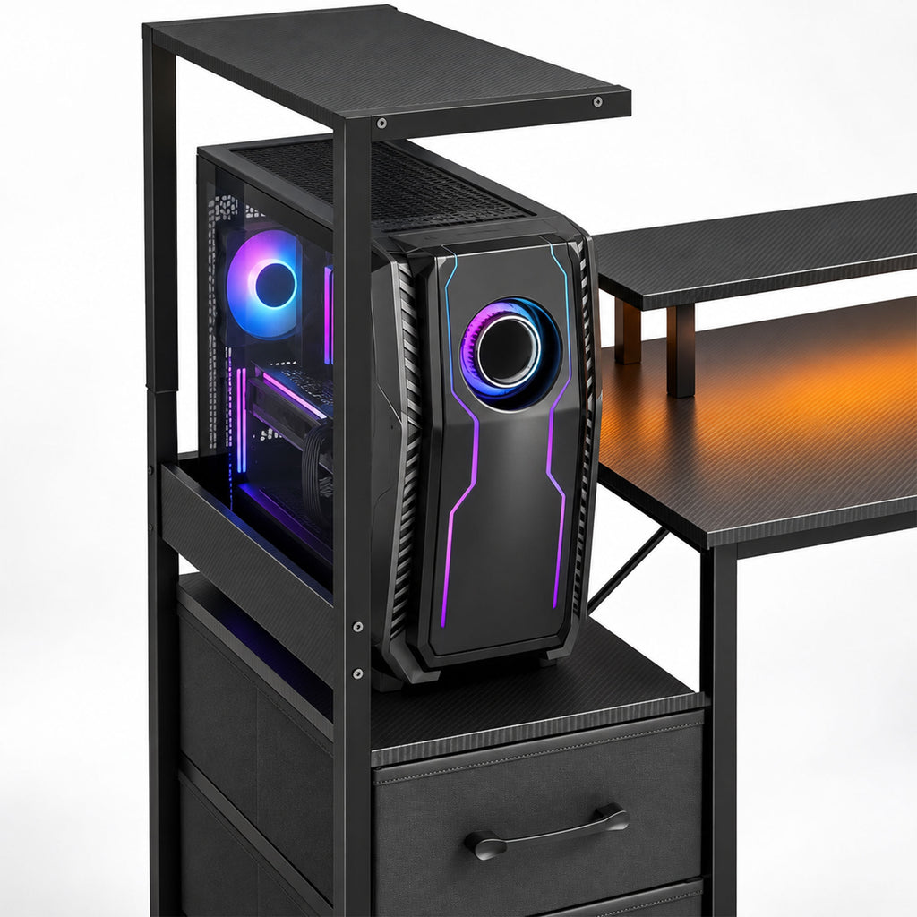 Bureau Gaming 147 x 47 cm, Éclairage RGB, Prises et Ports USB, Support pour Unité Centrale Réglable et Réversible, Noir-9