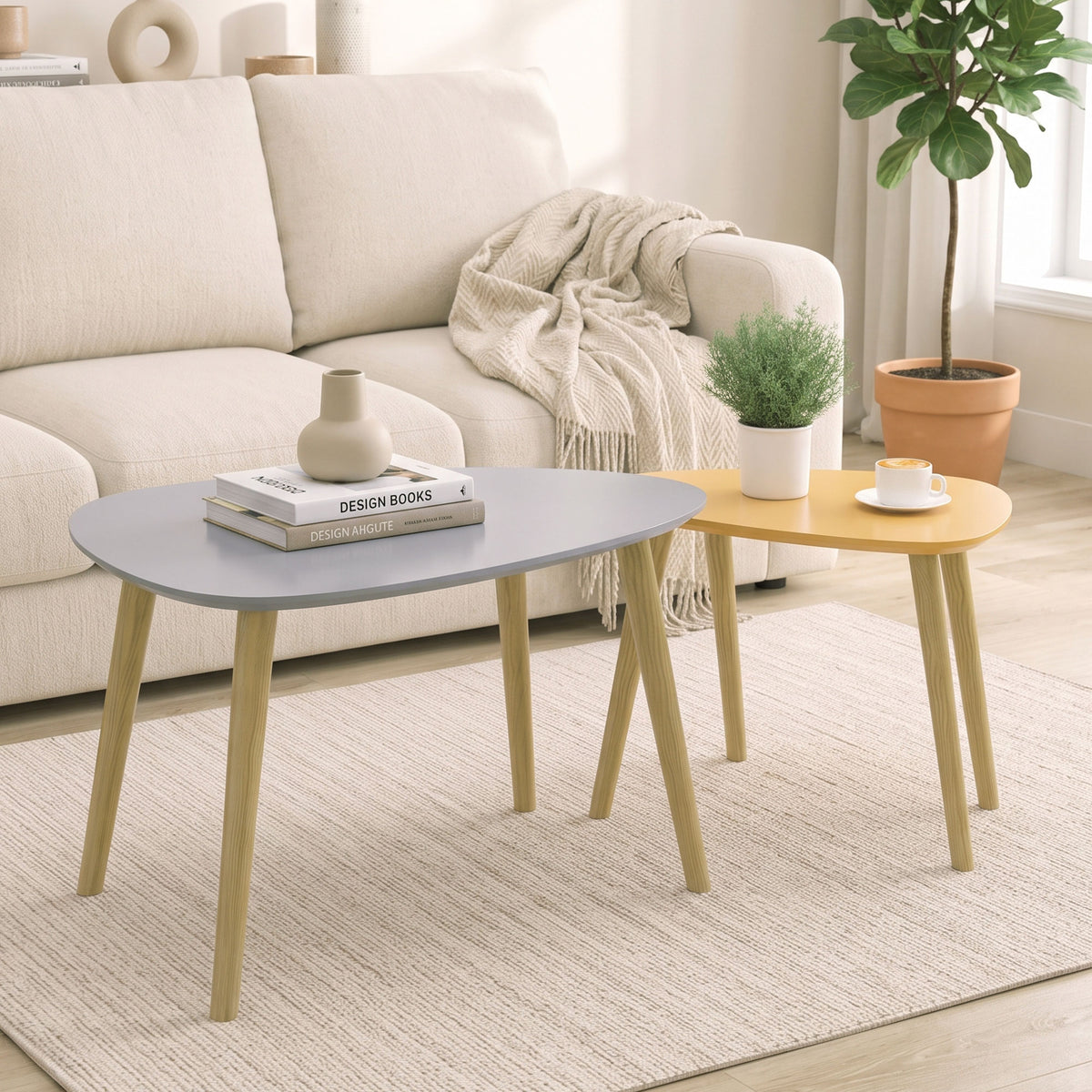 Lot de 2 tables basses gigognes design scandinave pieds en bois et plateau en bois, gris et jaune-1