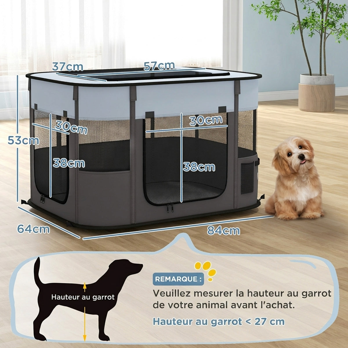 Parc enclos pliable pour chien chat petits animaux en tissu Oxford avec rangement 84 x 64 x 53 cm gris et noir-2