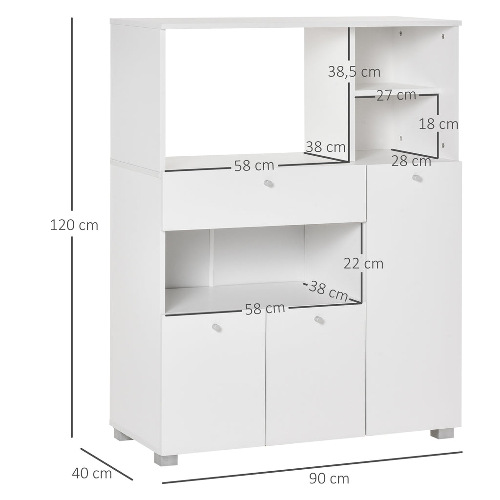 Meuble de micro-onde armoire cuisine meuble de rangement multi-rangements buffet avec 2 placards 4 niches tiroir coulissant dim. 90L x 40l x 120H cm en bois blanc-2
