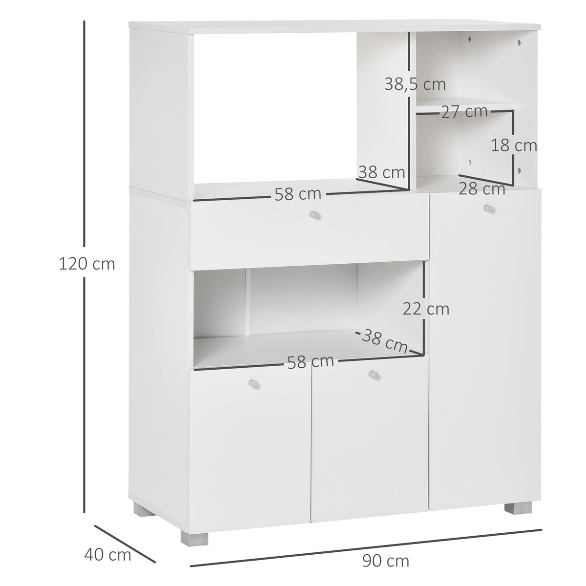 Meuble de micro-onde armoire cuisine meuble de rangement multi-rangements buffet avec 2 placards 4 niches tiroir coulissant dim. 90L x 40l x 120H cm en bois blanc-2