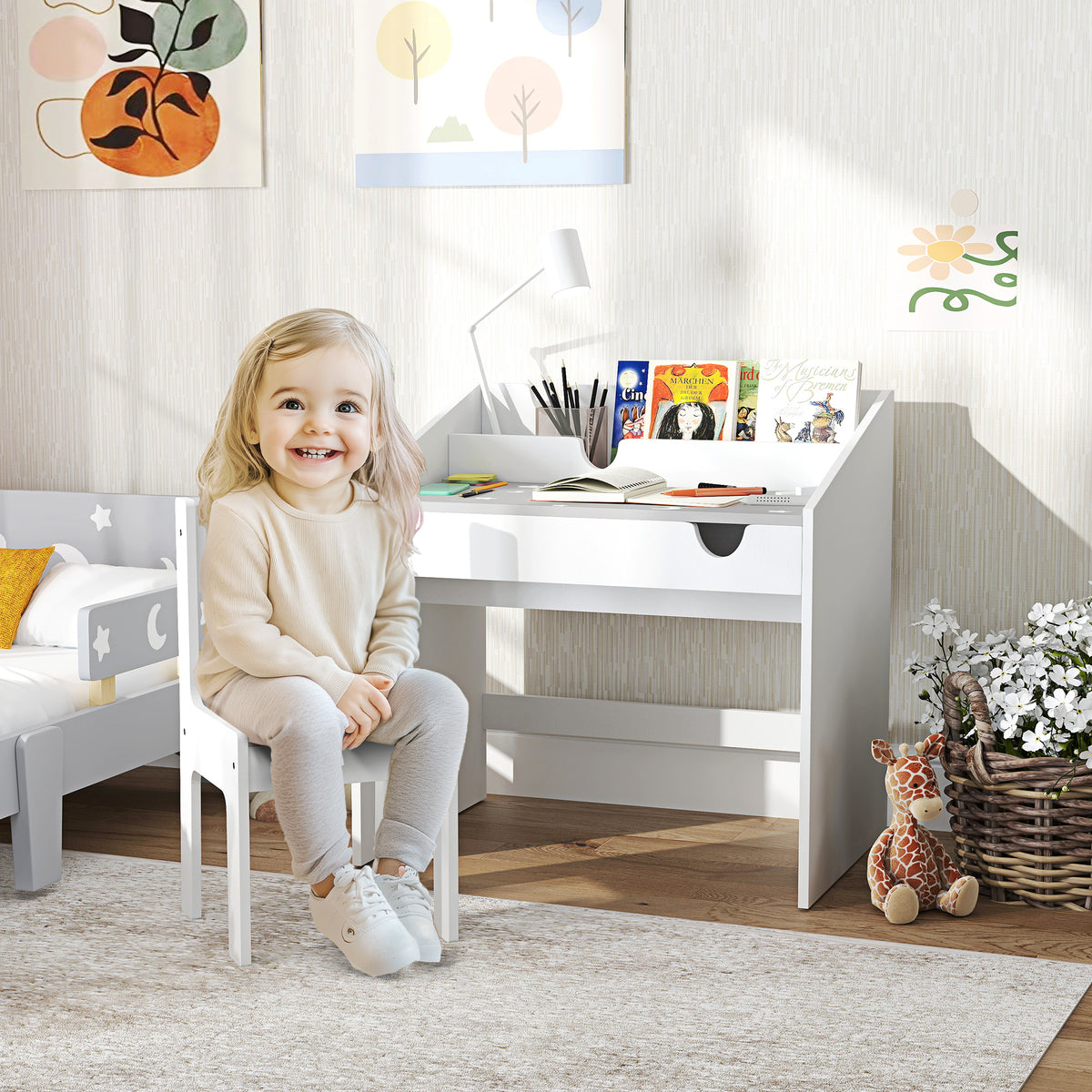 Ensemble Bureau et chaise pour enfants, avec rangement, tiroir coulissant, pour les 3-6 ans, motif étoilé - Gris-1