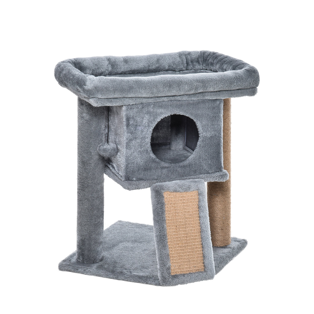 Arbre à chat hauteur de 57 cm avec griffoir en jute, niche, plateforme et balle de jeu, en tissu peluche gris clair-0