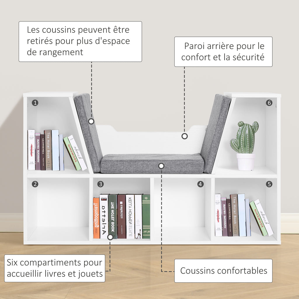 Bibliothèque banc 2 en 1 avec coussins de siège, étagère cube 6 compartiments ouverts et 2 niveaux, meuble de-5