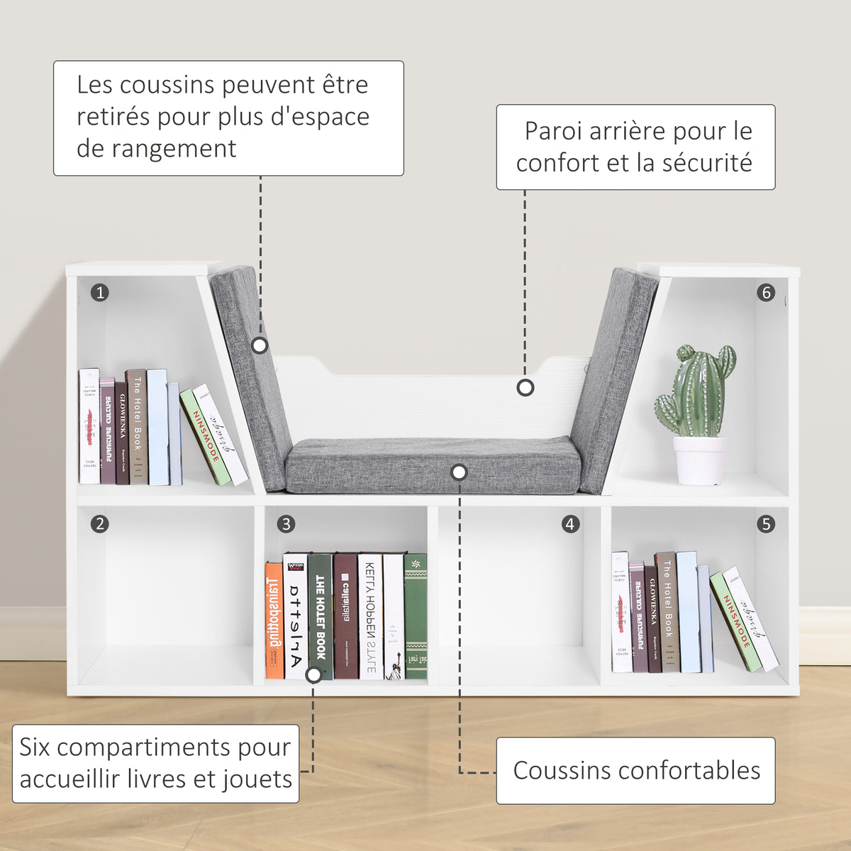 Bibliothèque banc 2 en 1 avec coussins de siège, étagère cube 6 compartiments ouverts et 2 niveaux, meuble de-5