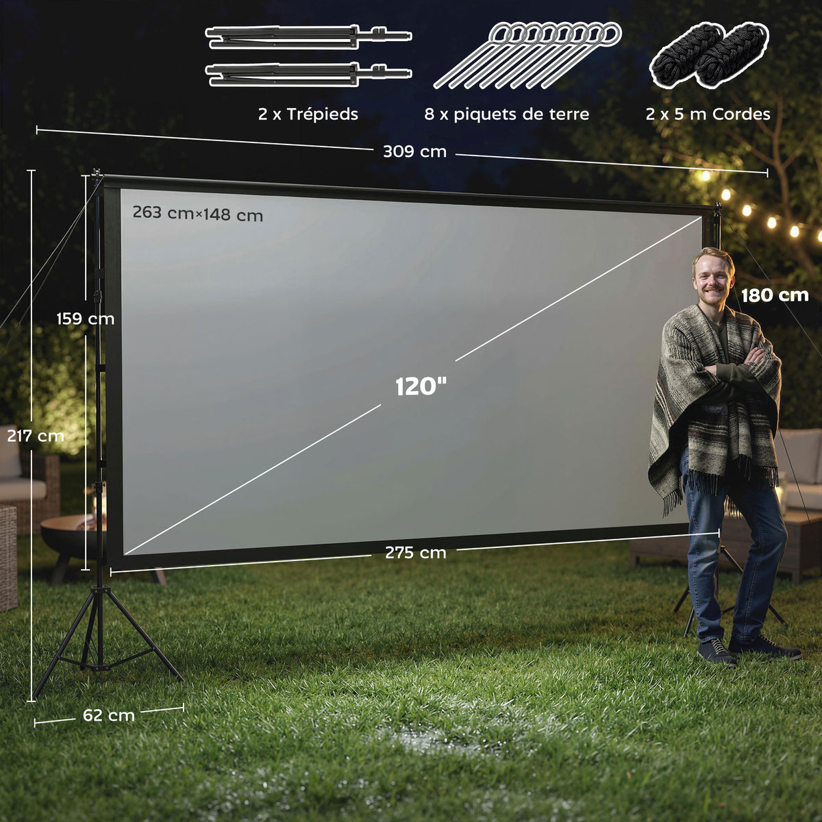 Écran de projection avec trépieds 120 pouces 16:9 HD 4K/8K, écran videoprojecteur portable, 309x62x217cm, blanc et noir-2