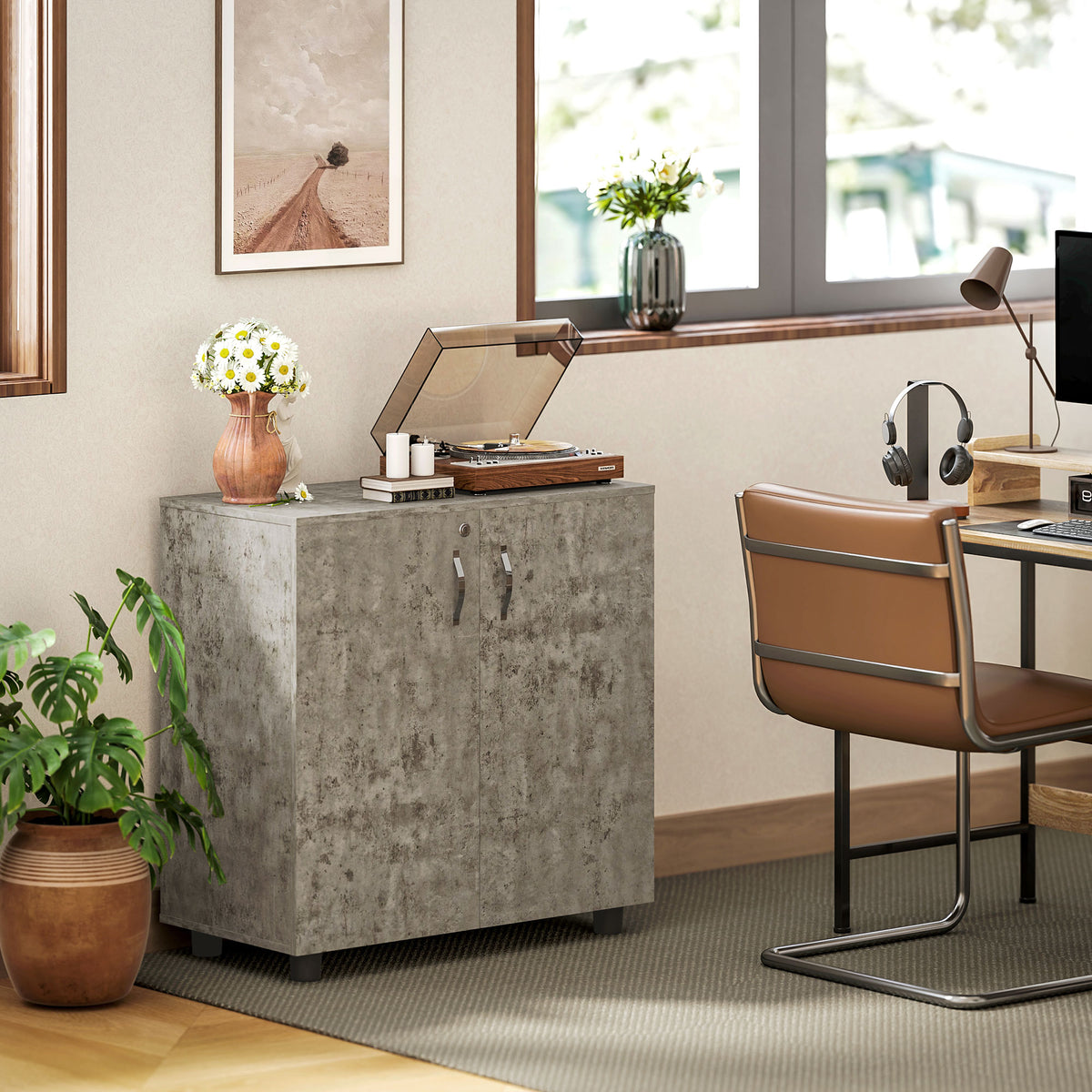 Armoire de Bureau à 2 Niveaux, Meuble de Rangement Bureau avec 2 Portes, Serrures et Clés, 80x40x80cm, Gris-7