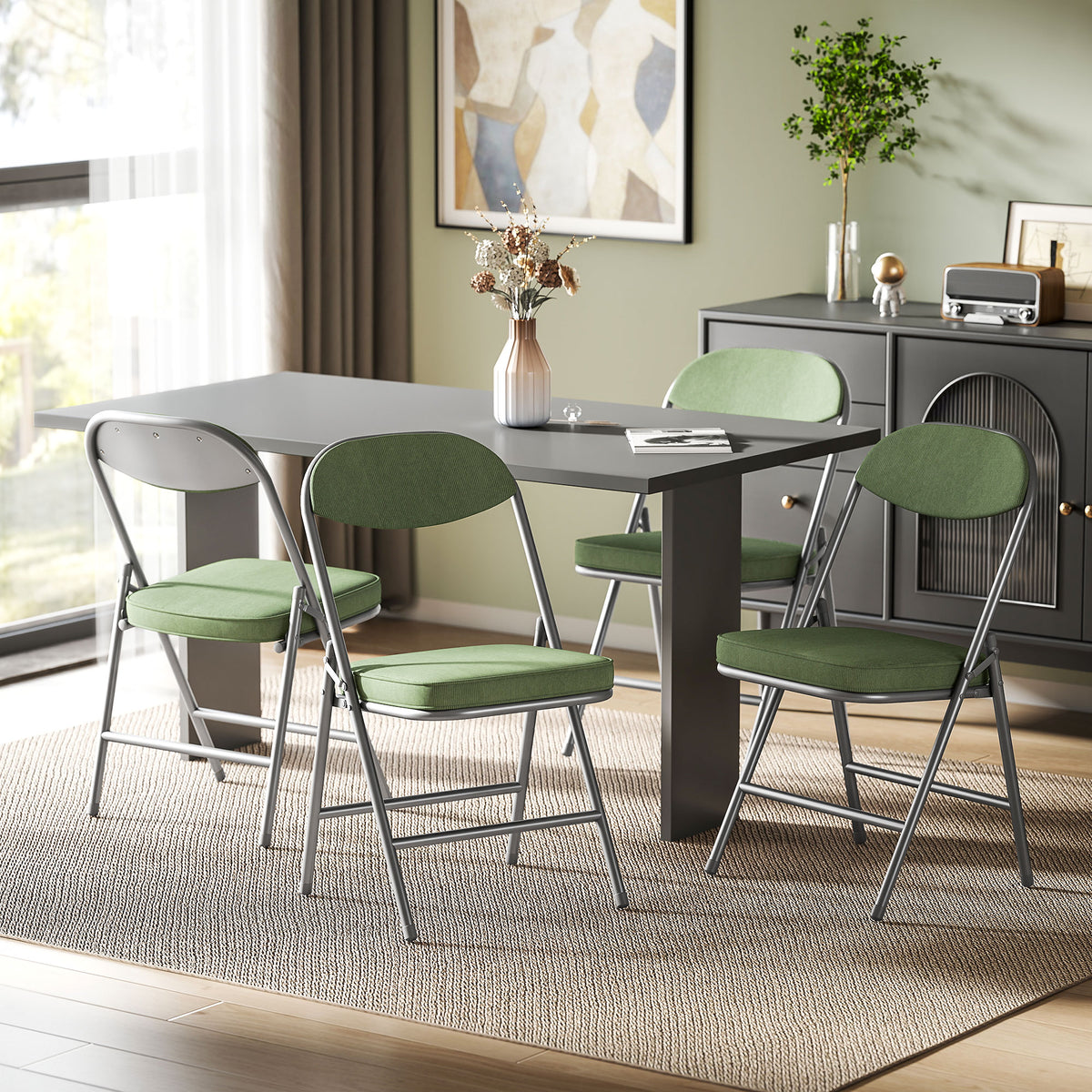 Lot de 4 chaises pliantes chaises de salle à manger portables avec assises et dossiers rembourrés en velours côtelé vert-1