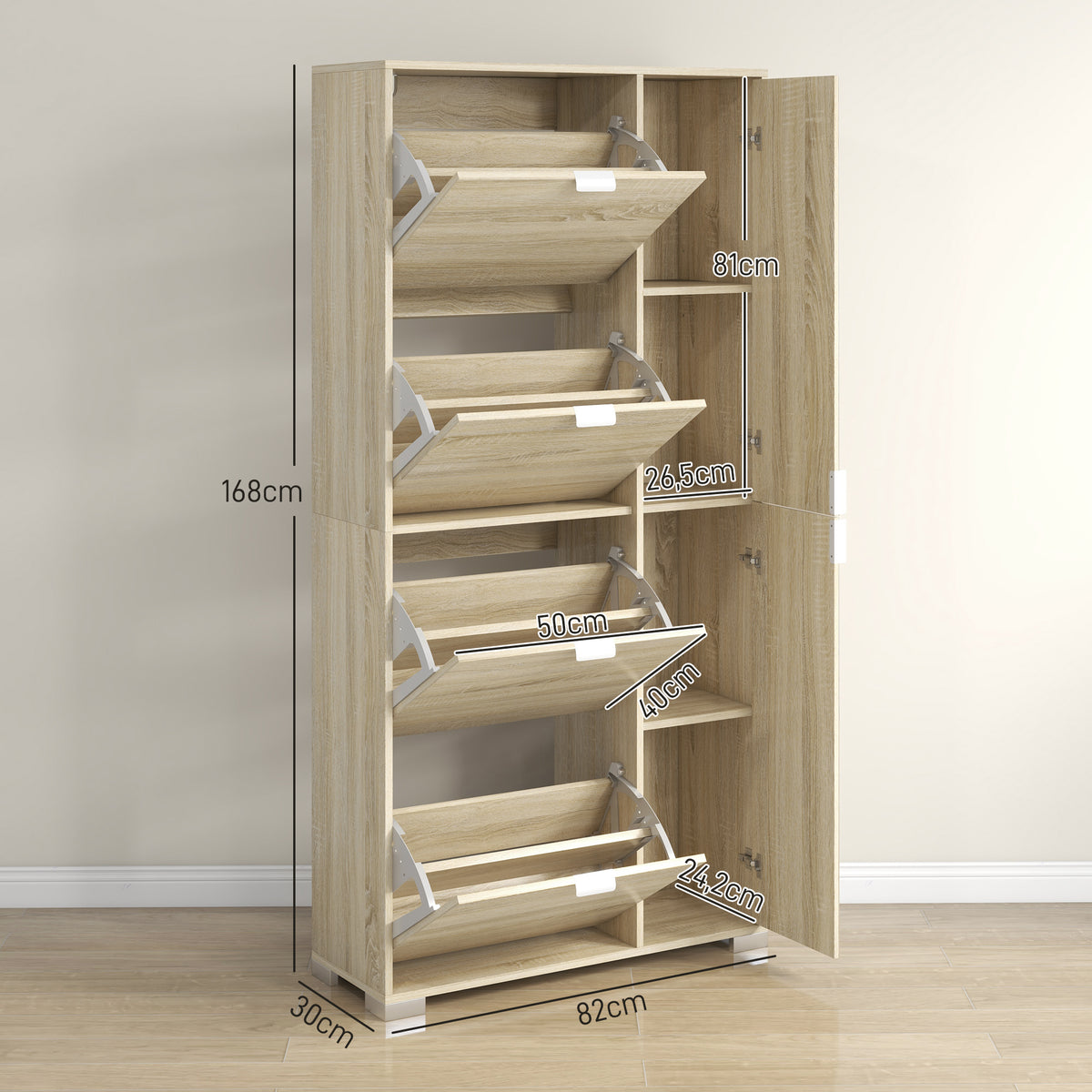 Meuble à chaussures avec 4 abattants, 2 placards et façades miroir pour 16 paires de chaussures, meuble d'entrée-2