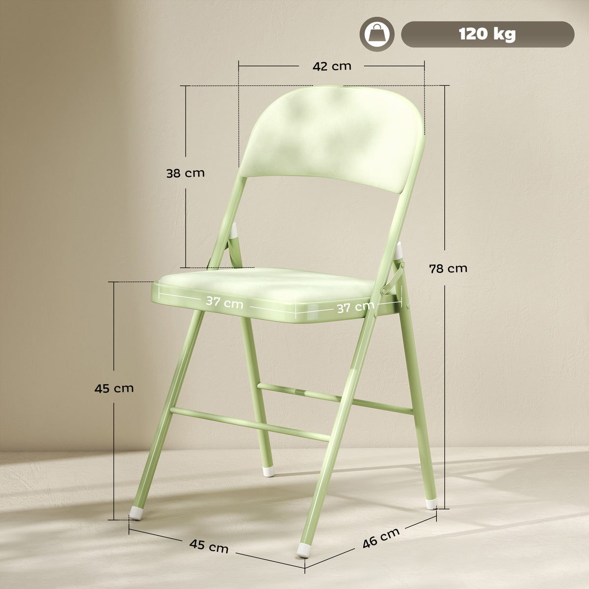 Lot de 4 chaises pliantes et portables intérieur avec assises et dossiers rembourrés en velours, cadre en acier, vert-2