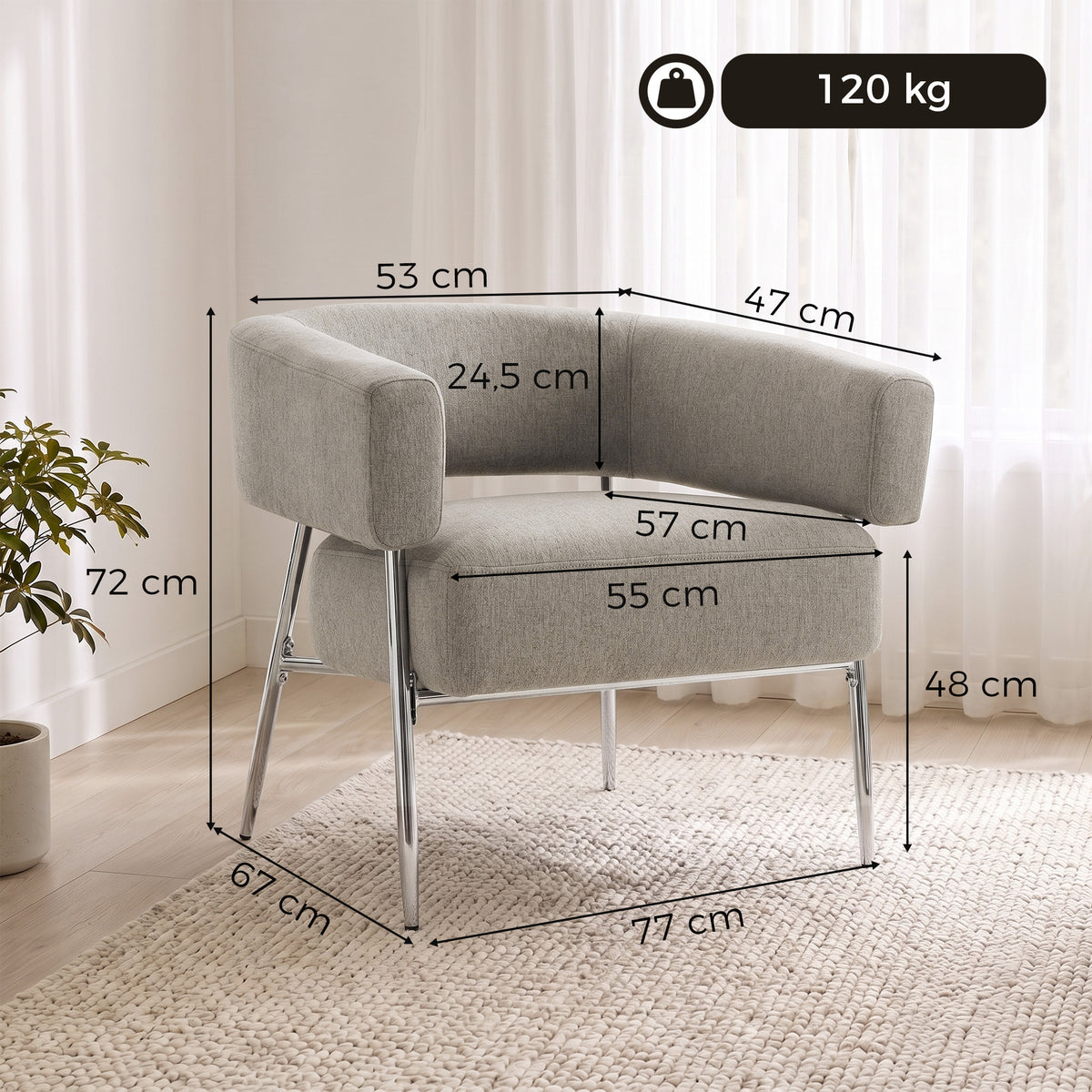 Fauteuil Salon, Fauteuil d'Appoint Rembourré en Tissu Aspect Lin, Dossier Incurvé et Accoudoirs, Style Moderne, Marron-2
