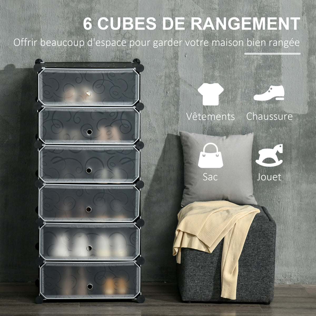 Meuble de rangement à chaussures modulable 6 cubes rectangulaires empilables - noir-3