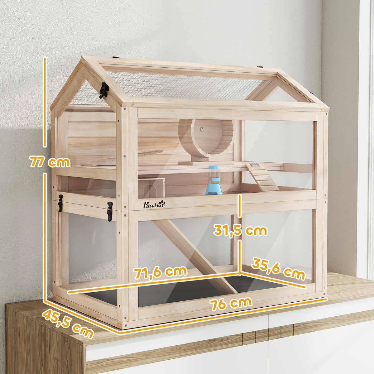 Cage Hamster Habitats pour Rongeur 3 Étages Bac Étanche Panneaux Acryliques à Vue 360° Accessoires 76x45,5x77cm Bois-2