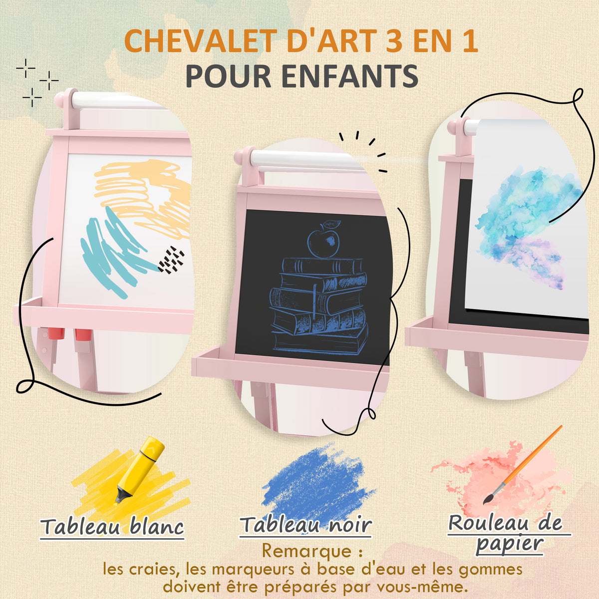 Tableau chevalet enfant 3 en 1 avec tableau blanc magnétique, tableau à craie, rouleau papier, 2 paniers, 3-6 ans, rose-3