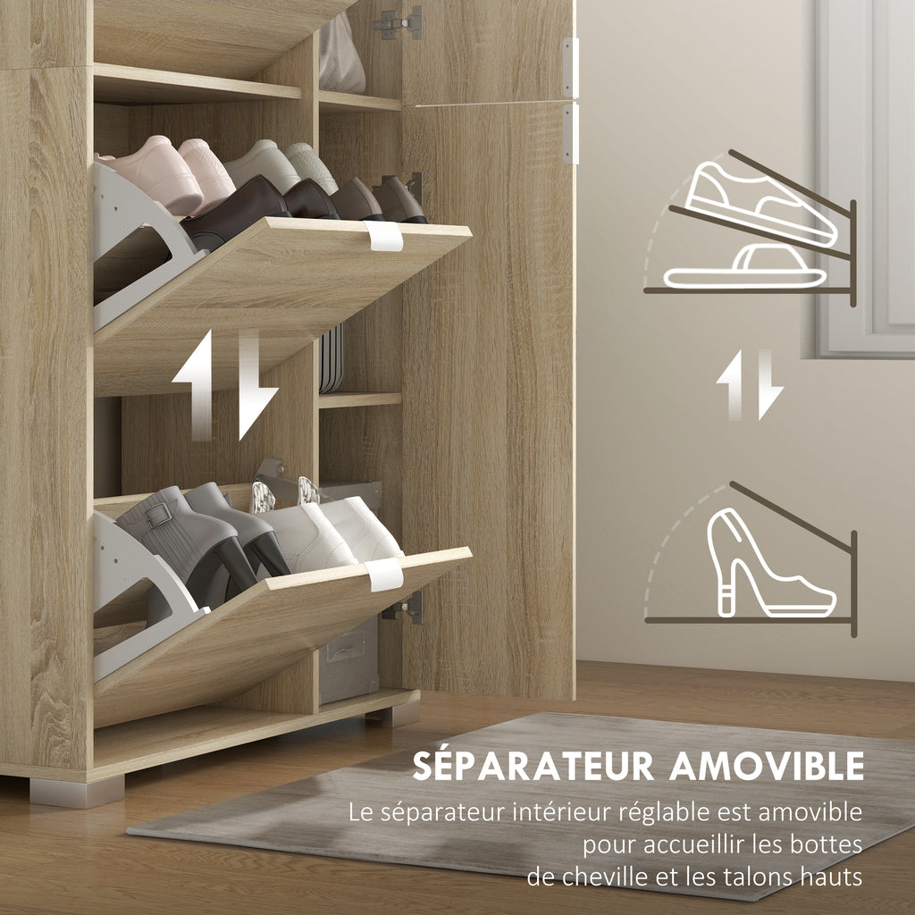 Meuble à chaussures avec 4 abattants, 2 placards et façades miroir pour 16 paires de chaussures, meuble d'entrée-6