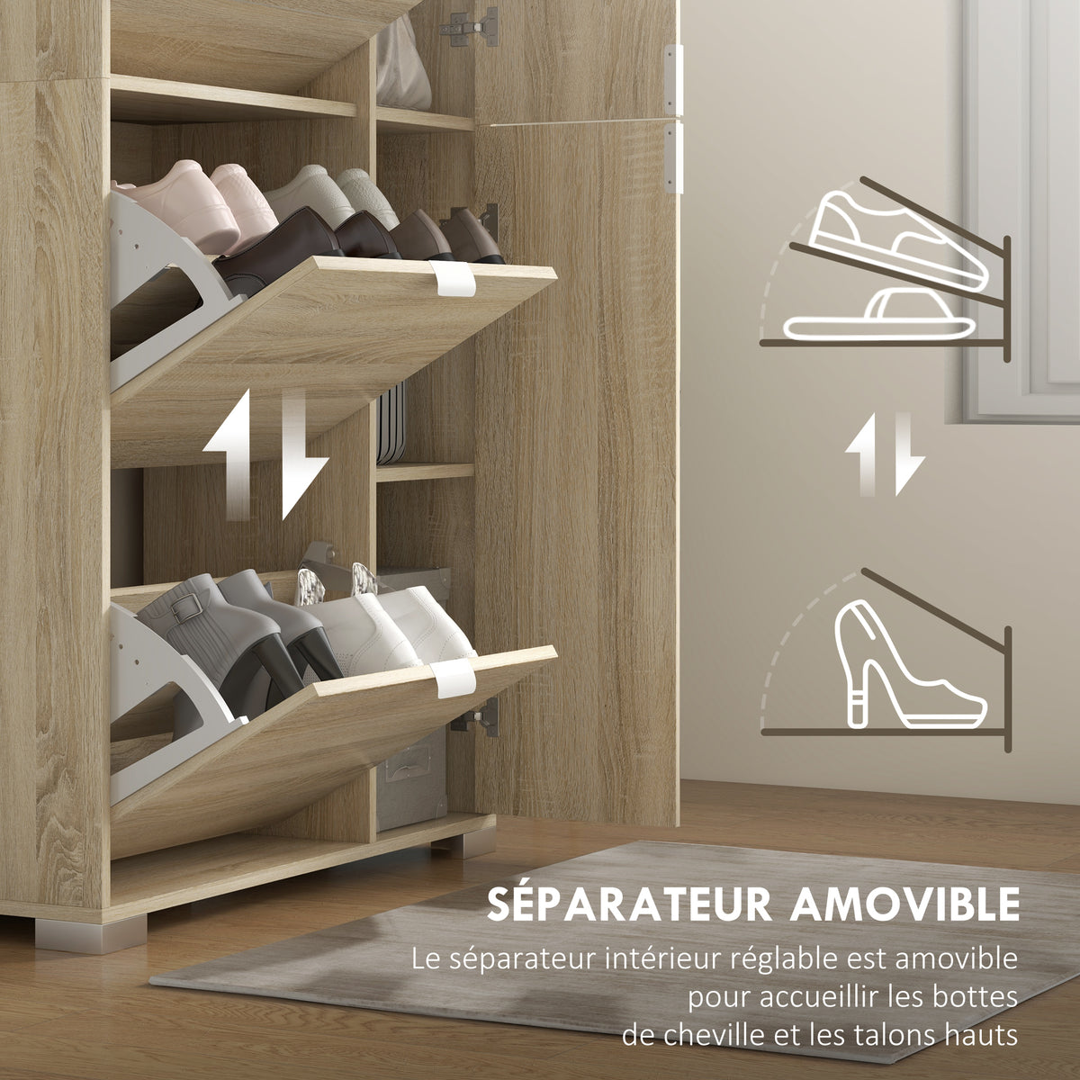 Meuble à chaussures avec 4 abattants, 2 placards et façades miroir pour 16 paires de chaussures, meuble d'entrée-6