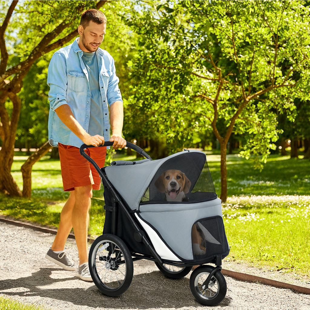 Poussette pour chien 3 roues avec pliage facile, sac de rangement, coussin souple, laisse de sécurité, gris-1
