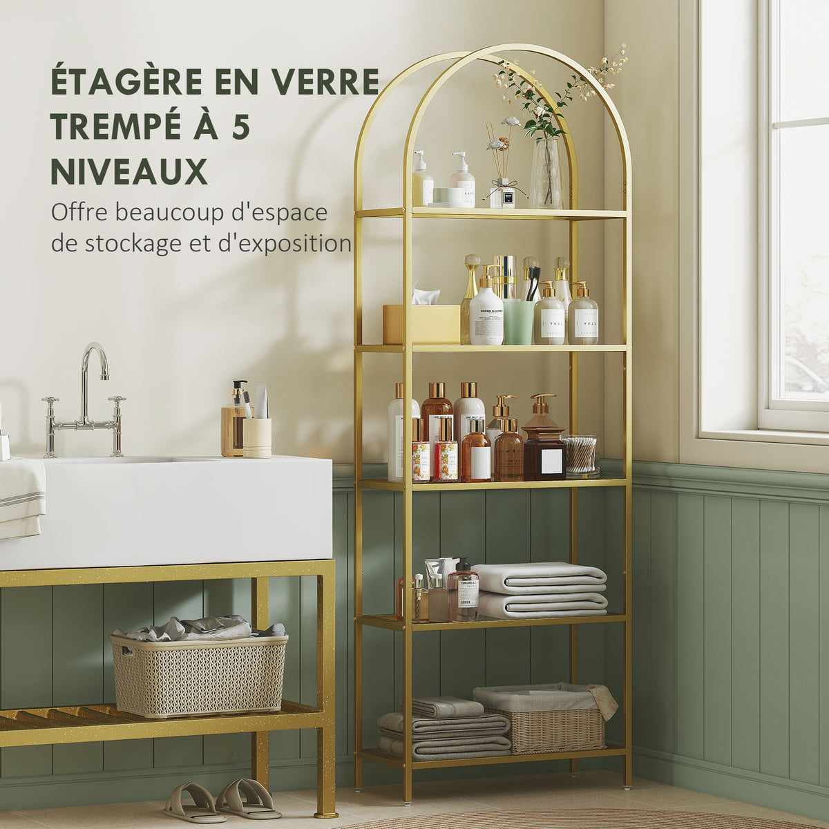 Bibliothèque étagère de rangement en verre à 5 niveaux arqué pour salon, bureau, chambre, 60 x 30 x 175 cm, doré-3