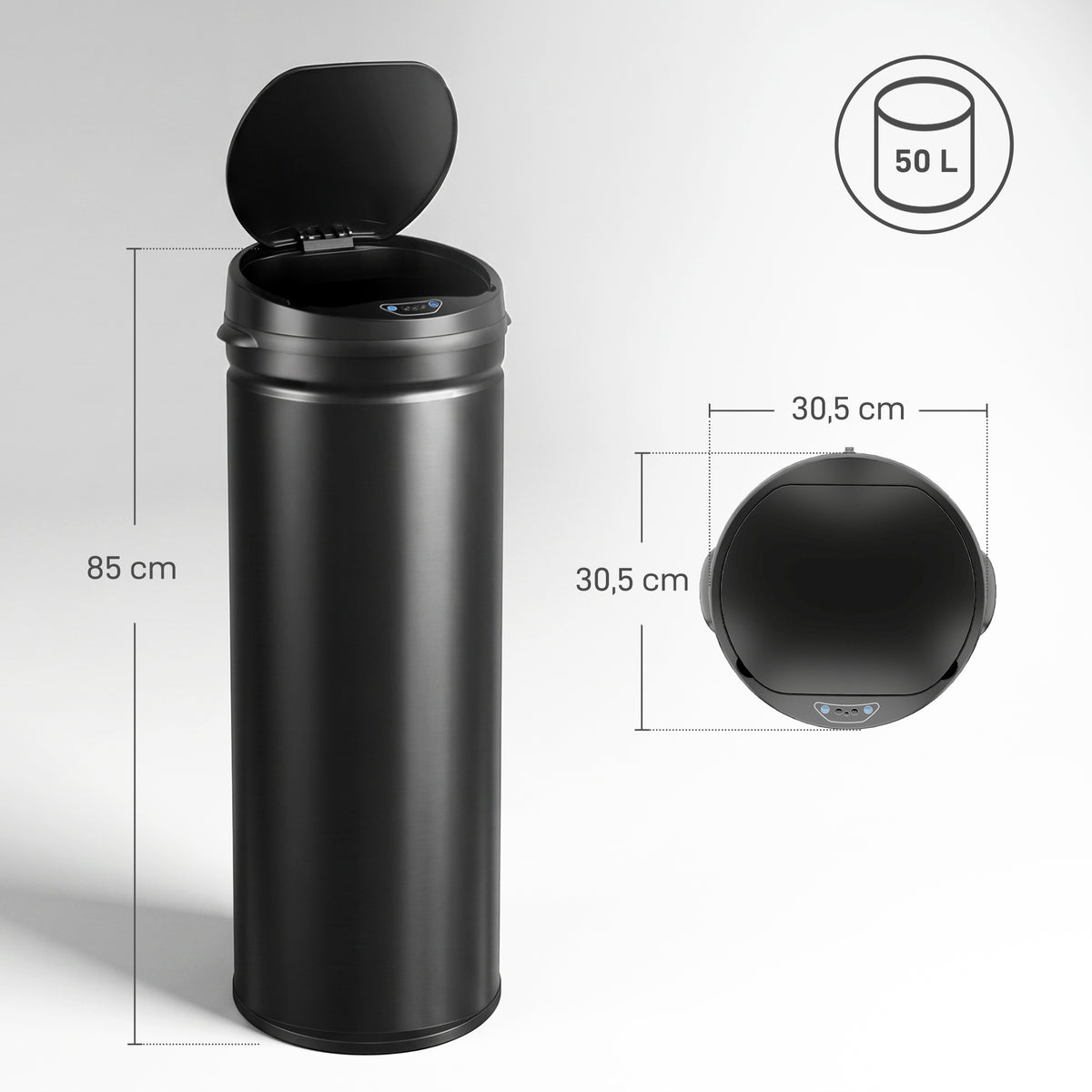 Poubelle cuisine automatique 50L acier inoxydable, poubelle à couvercle à fermeture en douceur, 30,5x30,5x85cm, noir-2